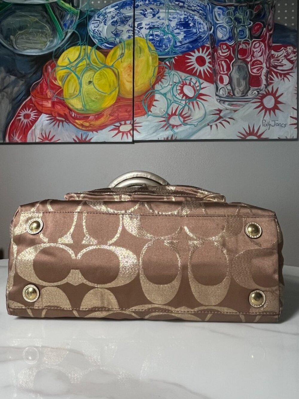 Coach Hampton Weekend Metallic Signature Jacquard Tote Turnlock Satchel 15391 - Picture 7 of 16